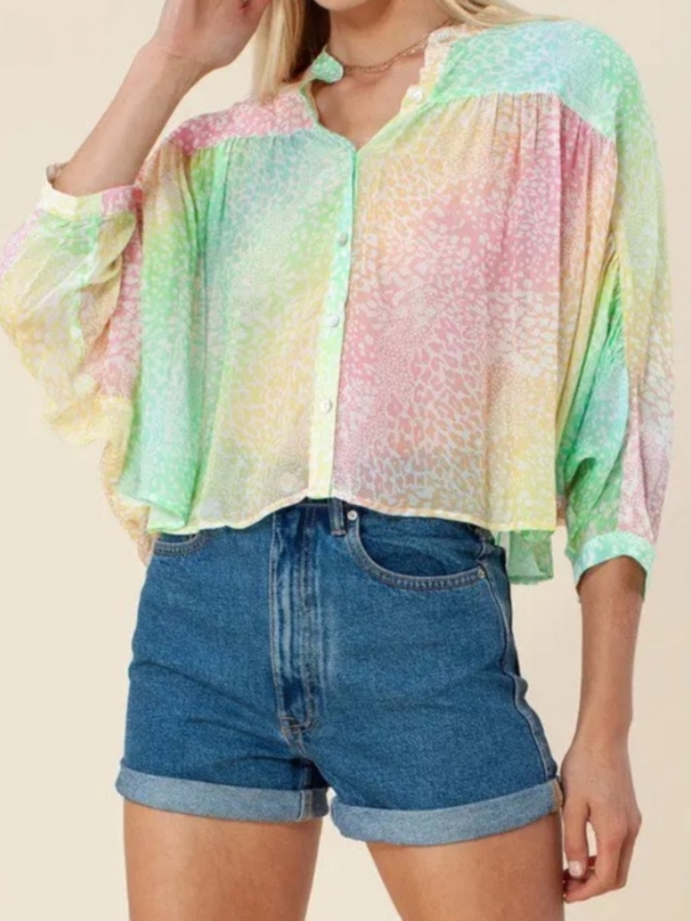 HALE BOB Pastel Multicolor Button-Front Cropped Blouse